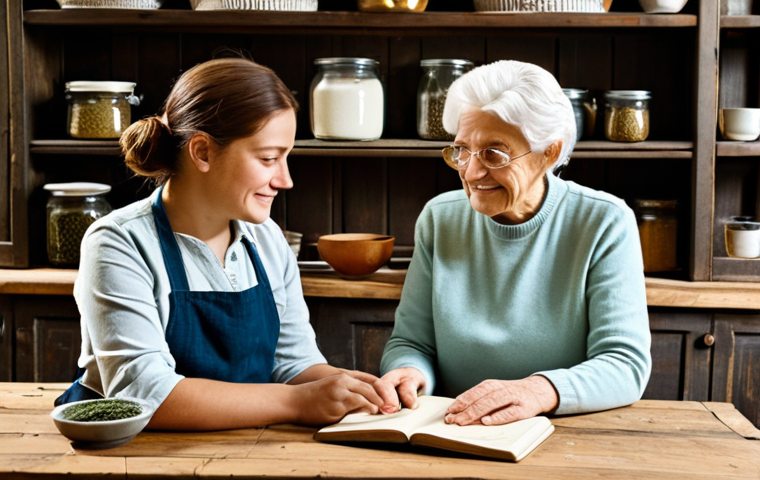 Family Recipe Digitization**
"A warm, inviting kitchen scene with a grandmother and granddaughter looking at a laptop displaying a digitized handwritten recipe from an old, worn notebook. Shelves are filled with jars of homemade *conserva* and dried herbs. Both are fully clothed in modest, everyday attire. The setting is a rustic Italian kitchen. safe for work, appropriate content, fully clothed, professional, modest, family-friendly, perfect anatomy, correct proportions, natural pose, well-formed hands, proper finger count, natural body proportions, high quality."
**