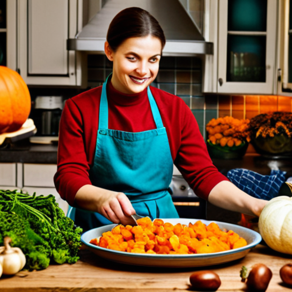 음식물 쓰레기 절감을 위한 계절별 식재료 활용법 - Autumn Harvest**
"A rustic kitchen table laden with autumn vegetables: pumpkins, chestnuts, and mus...
