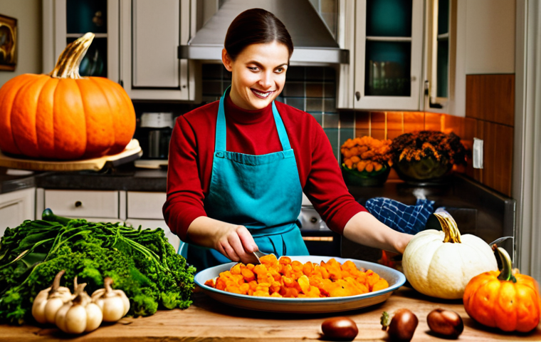 음식물 쓰레기 절감을 위한 계절별 식재료 활용법 - Autumn Harvest**
"A rustic kitchen table laden with autumn vegetables: pumpkins, chestnuts, and mus...