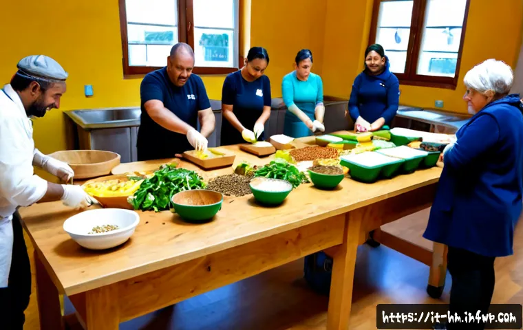 음식물 쓰레기 줄이기를 위한 시민 참여 교육 - Photorealistic Italian community workshop on reducing food waste, diverse adult residents gathered a...