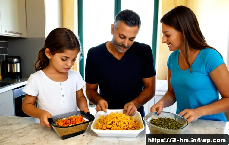 음식물 쓰레기 감소를 위한 가족 참여 활동 - Photorealistic Italian family in a bright Mediterranean kitchen sorting meal leftovers together, par...